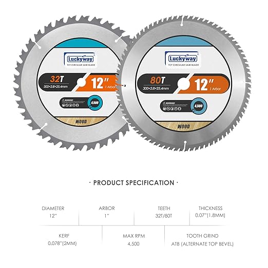 Luckyway 12 Inch Miter Saw Blades 32T General Purpose & 80T Fine Finish with 1 Inch Arbor TCT Saw Blade for Cutting Wood 2-Pack