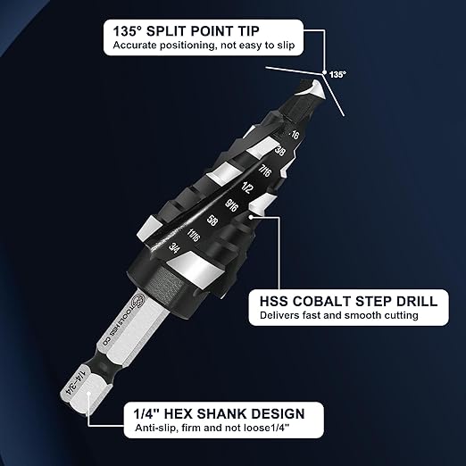 M35 Four Spiral Flute Cobalt Step Drill Bit, 1/8"-1/2" Wear-Resistant TiAlN Coated Four-Flute Step Bit, 1/4" Hex Shank Unibit Step Bit for Metal, Stainless Steel, Aluminum, Wood, Plastic