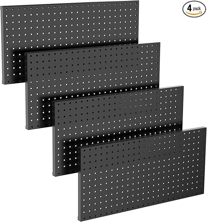 TORACK 4Pcs Metal Pegboard Panels(12"*24") for Wall, Garage Tools Pegboard System for Workbench, Modular Peg Board, Tool Organizer Board Kit for Pegboard Hooks(Pack of 4, Black)