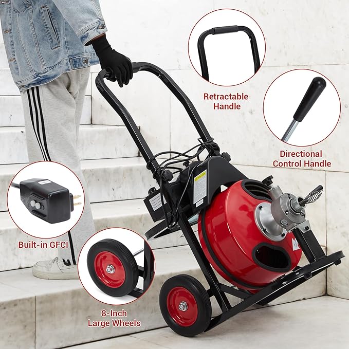Auto Feed 75 FT x 3/8 Inch Drain Cleaner Machine with 200W Motor, Portable Sewer Snake Auger with 8 Cutters & Air-activated Foot Switch, Fits 1" to 4" Pipes, Black & Red