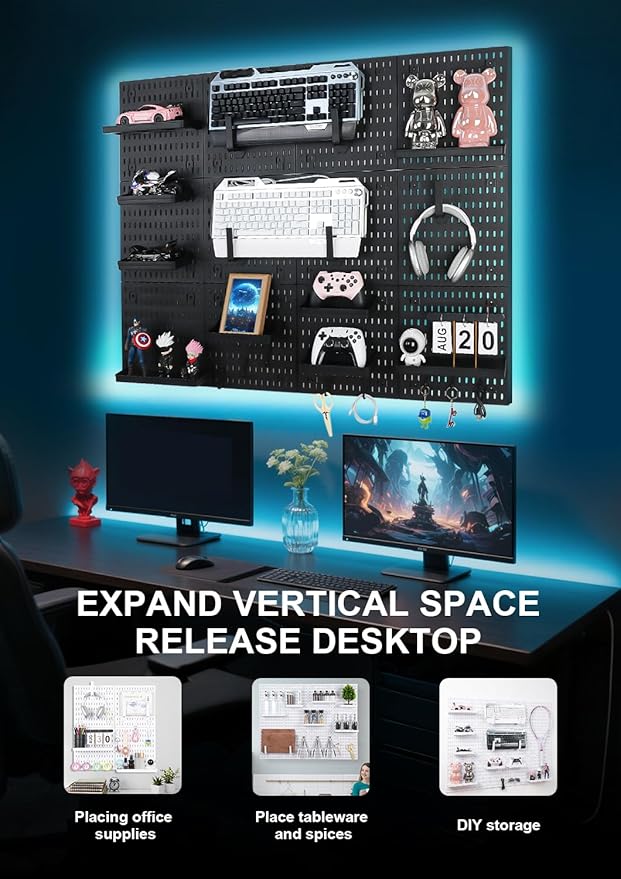 Pegboard Wall Organizer Kit – Heavy Duty 20lbs Load Bearing, Easy Installation, 4 Peg Board Panels 14 Accessories – Multi-Surface Use For Garage, Office, Kitchen & Crafts (Black Pegboard,24″×24″)