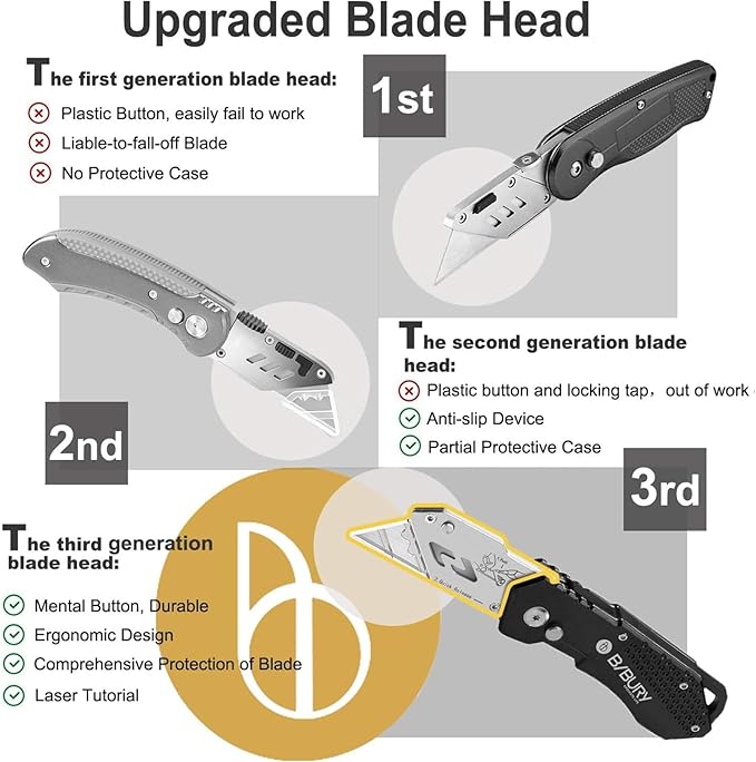 Utility Knife, BIBURY Upgraded Version Heavy Duty Box Cutter, Pocket Carpet knife with 10 Replaceable SK5 Stainless Steel Blades, Belt Clip, Easy Release Button, Quick Change and Safety Lock-Black