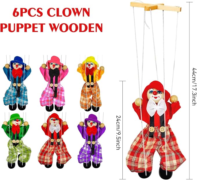6 Pack Wooden Marionette Puppets Clown Pull String Puppets Movable Hands and - Image 2