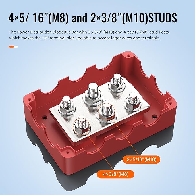 Joinfworld Heavy Duty 500A Bus Bar Waterproof Power Distribution Block with 4*5/16"(M8)+2*3/8"(M10) Studs 48V DC Automotive Marine Battery Terminal Distribution Block with Cover - Negative&Positive