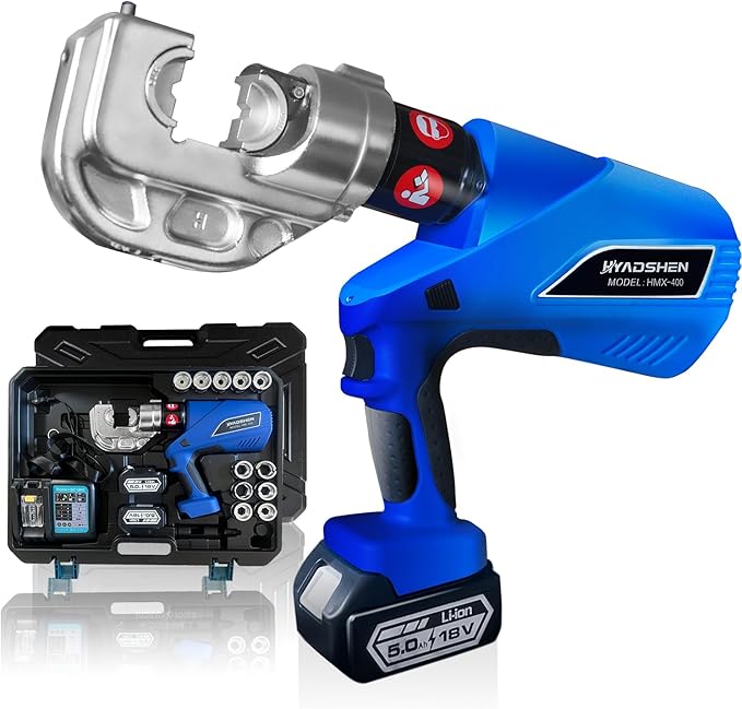 Electric Hydraulic Cable Lug Crimper Pliers Rechargeable Crimping Tool 12 Ton Electrical Terminal Cable Wire Fiber Crimper Kit with 12 Dies (HMX-400)