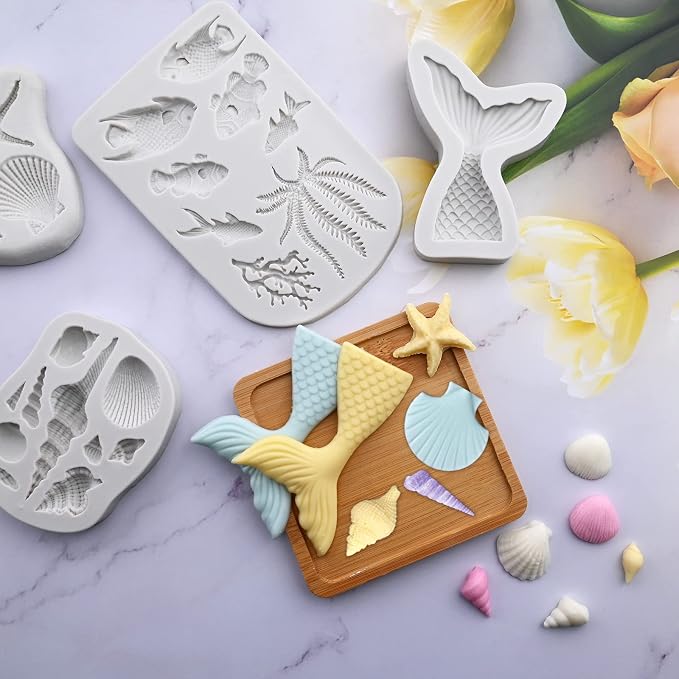 Sakolla 4 Pcs Marine Theme Silicone Fondant Molds, Mermaid Tail Seashell Conch - Image 4