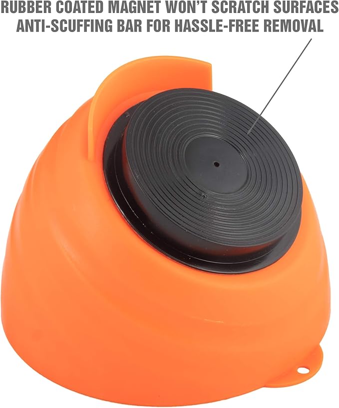 OEMTOOLS 25332 Orange Magnetic Nut Cup, Curved Magnetic Parts Tray Holds Up to 5 Pounds, Attaches To Metal Surfaces, Multi-Use Nuts And Bolts Organizer Made From Durable ABS Plastic