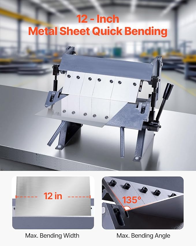 VEVOR Box and Pan Brake, 12 in Sheet Metal Bending Brake, 20-Gauge Mild Steel Capacity, 0-135 Degree Adjustable, Metal Bender Machine with 5 Fingers, Heavy-Duty Aluminum Folder for Precise Bending