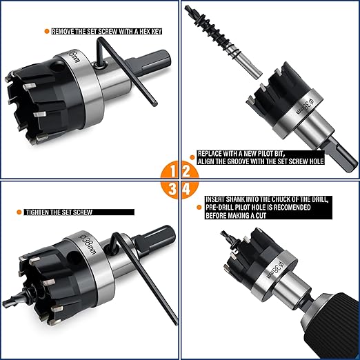 Carbide Hole Saw Kit for Metal TCT Hole Saw Drill Bit Set Hole Cutter Kit for Stainless Steel 5PCS(5/8" to 1-25/32")