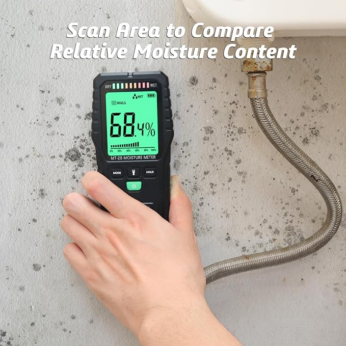 RDINSCOS Pinless Moisture Meter for Leak Detection, Water Damage Detector for Wood, Drywall, Concrete & Building Materials – Easy Calibration, Data Hold, and Flashlight – Moisture Tester for Basement