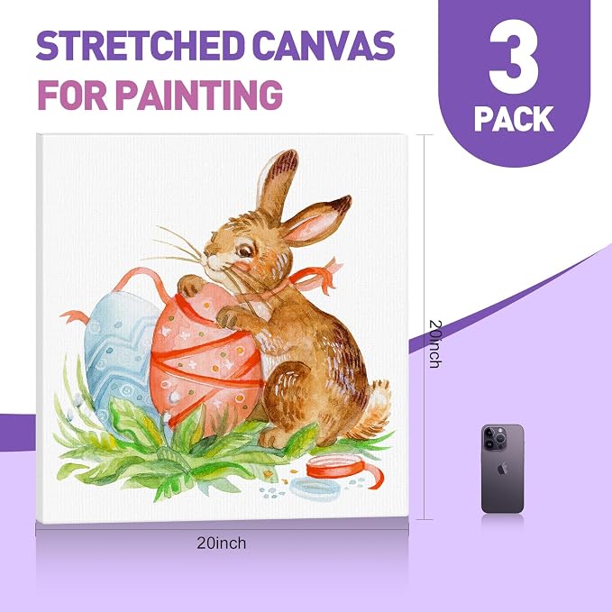 ESRICH 20x20 Stretched Canvas for Painting, 3 Pack Square Canvas for Painting - Image 2