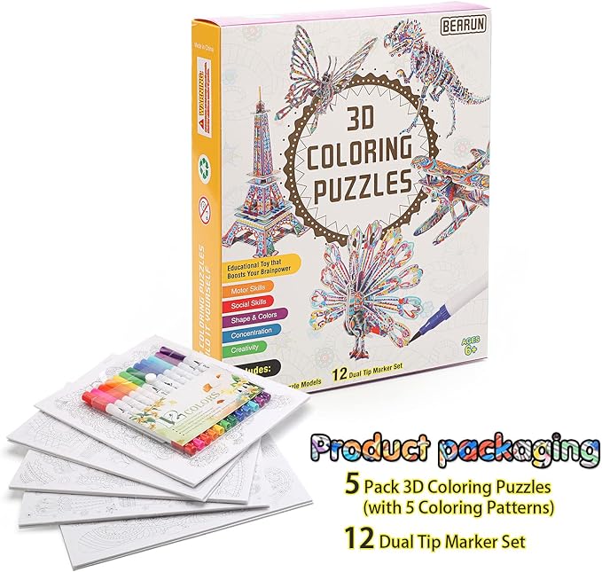 BEARUN 3D Coloring Puzzle Set, Arts and Crafts - Image 7