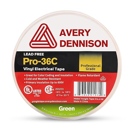 Avery Dennison Electrical Tape, Professional Grade PVC Electric Tape, UL/CSA Listed Insulating Vinyl Tape for Electrical, Repairs, Automotive and Equipment, Pro-36C, ¾ in x 66 ft, Green, 1 Roll