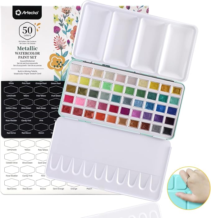 Artecho Metallic Watercolor Paints, 50 Glitter Watercolor Paint Set, Water by Artecho
