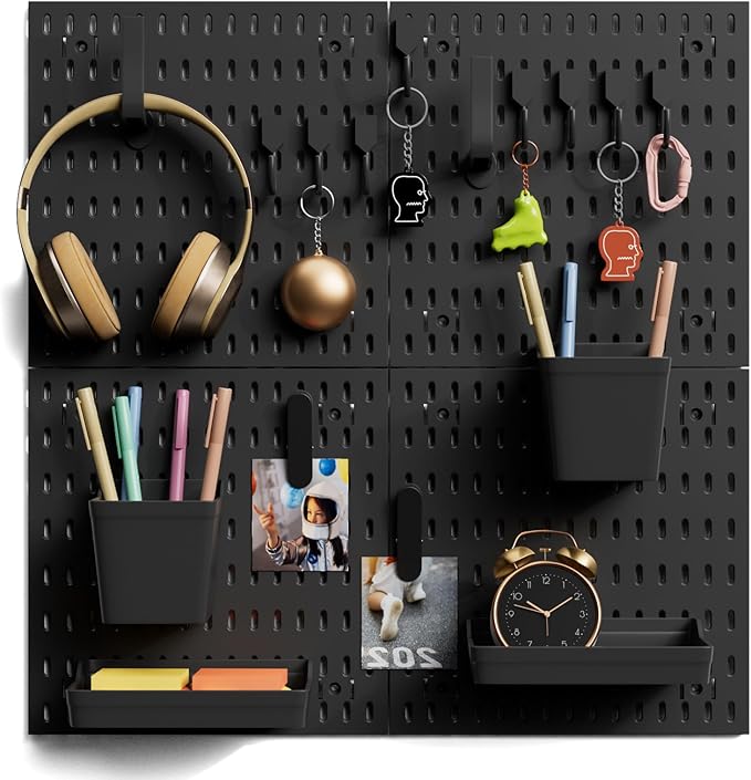 4Pcs Black Peg Board Wall Organizer, Plastic Pegboard Panel, Garage Storage Tool Organizer for Wall, Craft Room, Kitchen, Workshop, Office, Includes Hooks and Bins