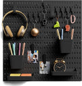 4Pcs Black Peg Board Wall Organizer, Plastic Pegboard Panel, Garage Storage Tool Organizer for Wall, Craft Room, Kitchen, Workshop, Office, Includes Hooks and Bins