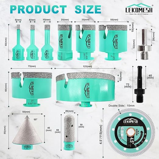 Tile Hole Saw Kit for Porcelain Tile-(6/8/10/25/35/50/75/125mm+Finger Bit+Chamfer Bit+Adapter+Tile Blade) Diamond Tile Drill Bits Precision Cutting for Ceramic Marble Granite,5/8"-11 Thread
