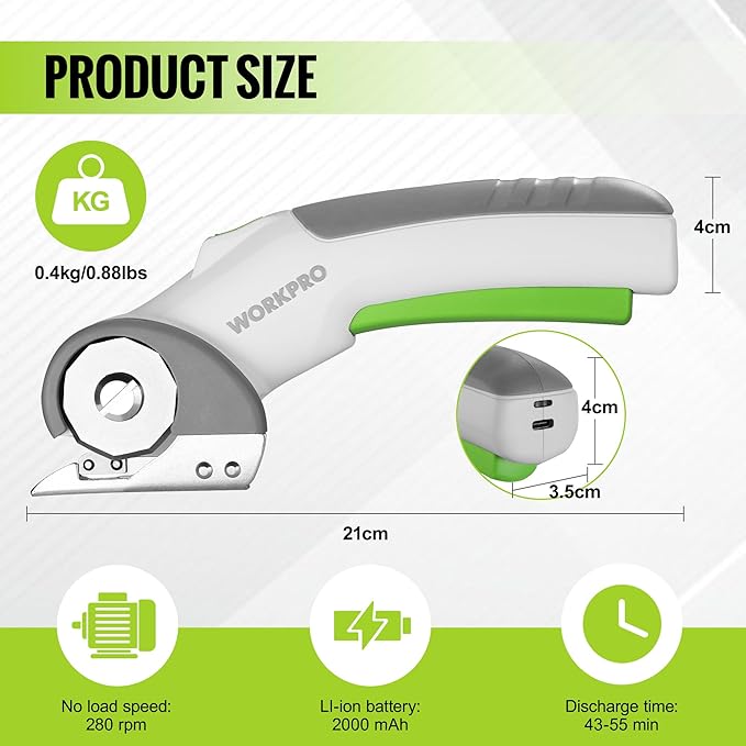 WORKPRO Cordless Electric Scissors, 4V Rechargeable Powerful Shears Cutting Tool for Fabric, Leather, Carpet and Cardboard, Power Rotary Cutters for Sewing, Scrapbooking, Crafting