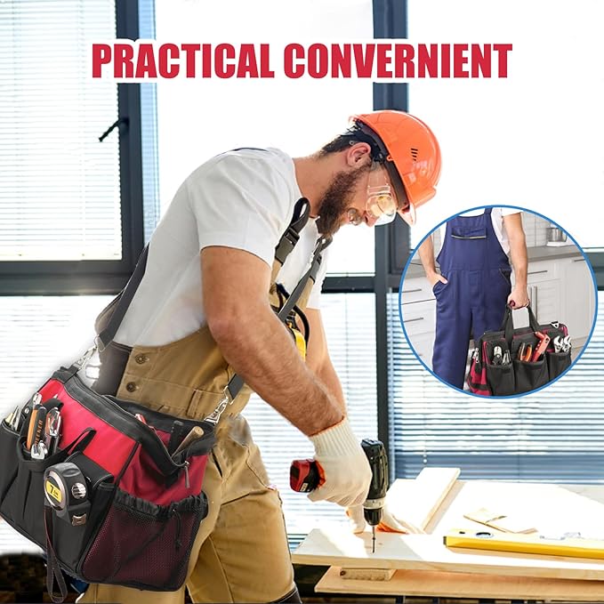Tool Bag, Foldable Open 16 Inch Top Tool Bag Organizer for Easy Tool Access, Water-Resistant Construction, Electrician ToolBag with Handle & Padded Adjustable Strap, Red