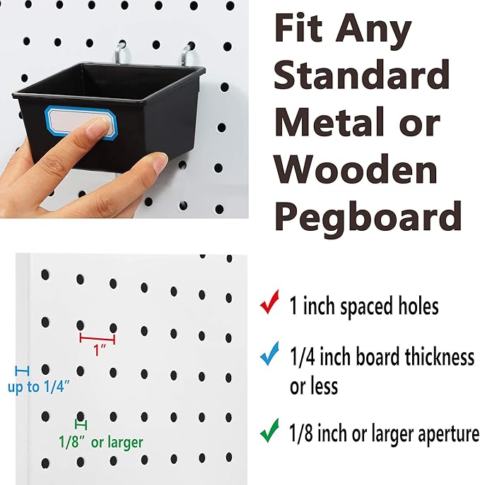 FRIMOONY Pegboard Bins with Hooks and Labels, for Organizing Accessories, 6 Pack Type A and 6 Pack Type B, Black
