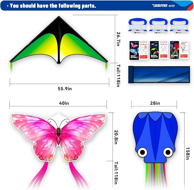 SGftre 3 Piece Set Butterfly Delta and Octopus Kites - Image 2