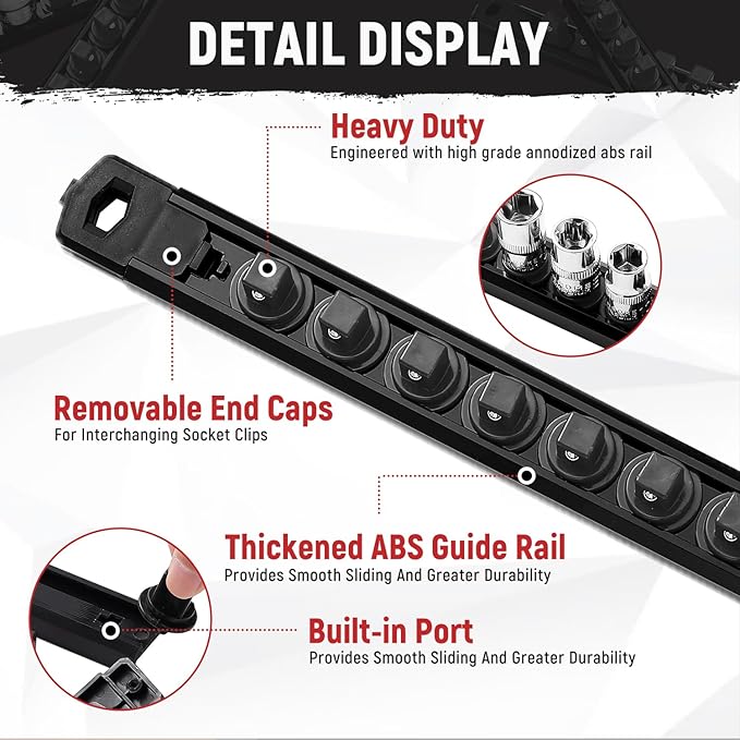 Magnetic Socket Organizer, 1-Piece Heavty Duty ABS Socket Holder, Socket Rail for Tool Box, Premium Quality 360° Swivel Socket Rack with 14 Clips for 1/4-Inch(Black)