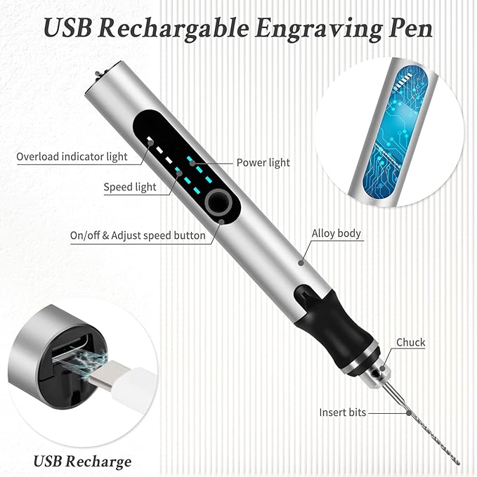 Engraving Pen with 37 Bits,Mini Electric Engraver Etching Machines Cordless Rotary Tools Engraved Jewelry Stone Metal Plastic Wood Resin Model (Silver)