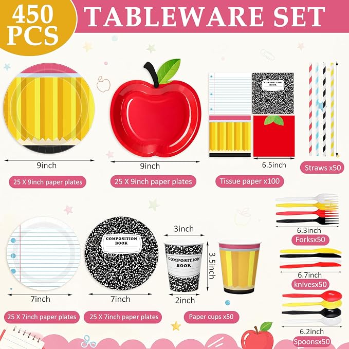 450 Pcs Preschool Kindergarten Back to School Tableware Set Decorations Apple - Image 2