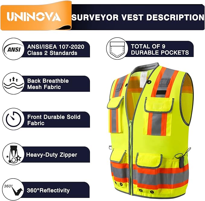 UNINOVA Surveyor Safety Vest Reflective for Men,Class 2 Heavy Duty Safety Vests Reflective with Pockets and Zipper