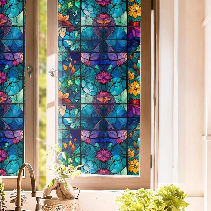 Purple Blue Pink Flower Leaf Stained Glass Window Films Decorative Double-Side by Unknown
