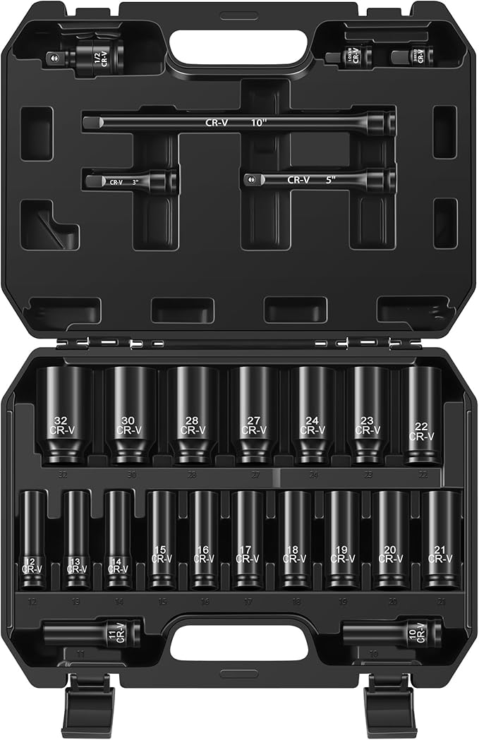 25-Piece 1/2" Drive Socket Set, Metric(10mm-32mm), Deep Sockets, Extension Bars, 1/2" F to 3/8" M Reducer,3/8" F to 1/2" M Reducer, Universal Joint, 6 Point Design, Cr-V