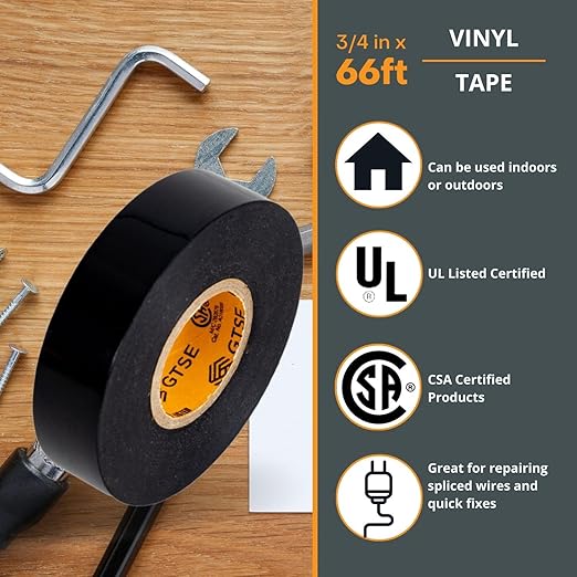 GTSE Black PVC Electrical Insulation Vinyl Tape - ¾ in x 66ft - Triple Pack - 3 Rolls of Premium Tape
