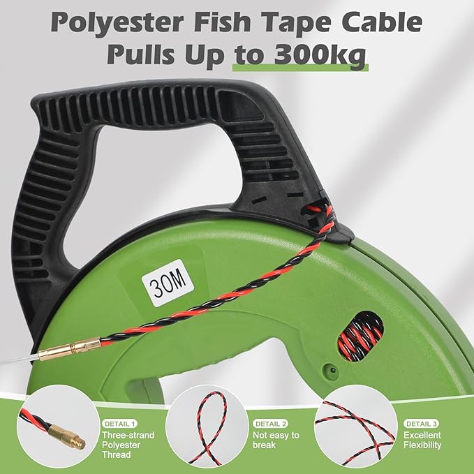 100Ft Fish Tape Wire Puller Through Conduit Thickened Polyester 3 Core Braid Pulling Fish Tape Electrical Fish Tape with Ergonomic Handle Fishtape Wire Pulling Tools with 6 Adapters (4.5mm*30M)
