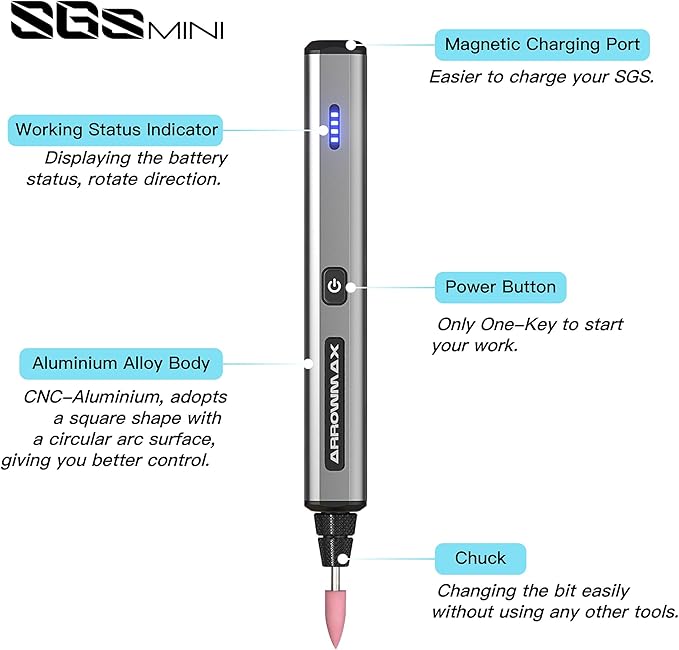 AM ARROWMAX Mini Engraving Pen, Cordless Rotary Tool with 36 Bits, Aluminum Case, Bluetooth, APP, Wireless Magnetic Charge, Engraving Tool for Jewelry, Wood, Glass, Carving (SGS Mini)