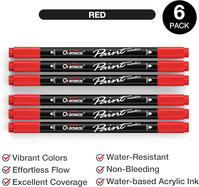 Overseas 6 Red Acrylic Paint Markers, Dual Tip Paint Pens Acrylic Marker | Dot - Image 2