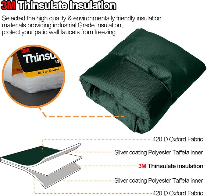 Enlarge Outdoor Faucet Cover for Winter Freeze Protection, 3M Thinsulate, 10"H x 6.3"W Hose Bib Covers for Wall Taps Outside, Waterproof & Frost Free Insulated Spigot Cover, 2 Pcs Faucet Socks - Green