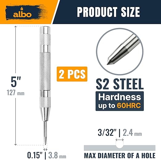 ALBO Spring Loaded Center Punch Tool – 5 Inch Automatic Punch for Metal, Wood, Steel – Heavy Duty Drill Punch – Durable Galvanized Coating, Precision Tip for DIY, Workshop & Professional Use (2pcs)