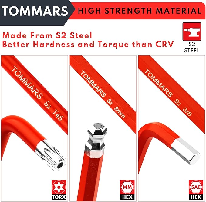 TOMMARS Hex Key Set Magnetic Ball End S2 Steel With T-Handle Hex Key Allen Wrench Set SAE(1/16"-3/8") Metric(1.5mm-10mm) TORX(T10-T50)