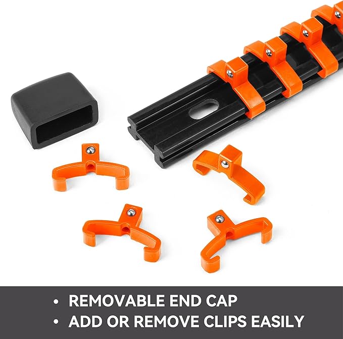 ALOANES 3 PC ABS Socket Organizer, 3/8 inch, Drive Socket Rail Holders, Heavy Duty Socket Racks, Black Rails with Orange Clips