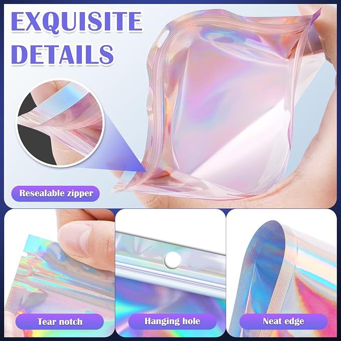 JETMORE 100 Pcs Mylar Bags, Holographic Bags, Smell Proof Bags, Resealable Bags - Image 5