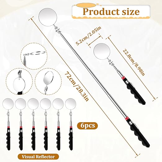 6 Pcs Telescoping Inspection Mirror Retractable Mechanical Mirror Extendable Long Handle Telescoping Mirror 360 Rotation Under Vehicle Detection Mirror for Technicians Mechanics Contractors