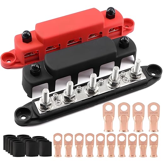300A Bus Bar 5 Post 12V-48V DC Power Distribution Block,5 * 5/16"(M8) Battery Terminal Studs with Cover and Wire Lugs for Wiring,Automotive,Marine,Battery busbar (Red&Black)