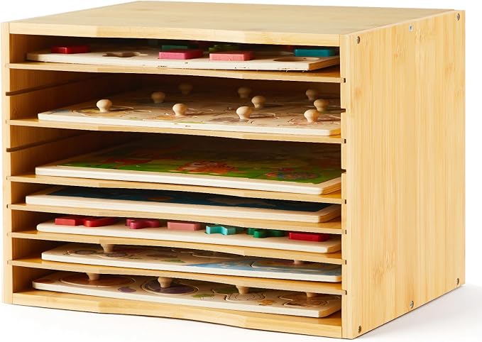 Ripeng 1 Pack Bamboo Puzzle Holder Rack, 7-Tier Adjustable Storage Organizer by Ripeng