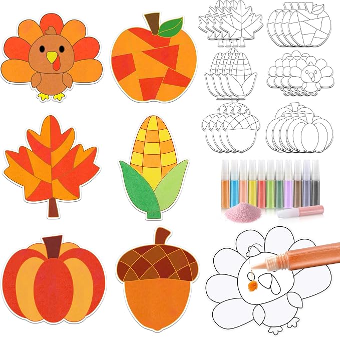 24 Sets Fall Sand Art Crafts for Kids Autumn Maple Leaf Pumpkin Turkey DIY by Relaxgiant