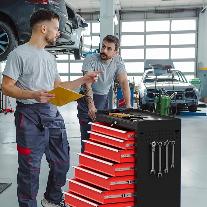 Rolling Tool Chest with Drawers, 7 Drawers Tool Chests & Cabinets, Metal Toolbox with Wheels, Lockable Storage Cabinet, Garage Tool Box with Drawers (BlackRed, 7 Drawers)