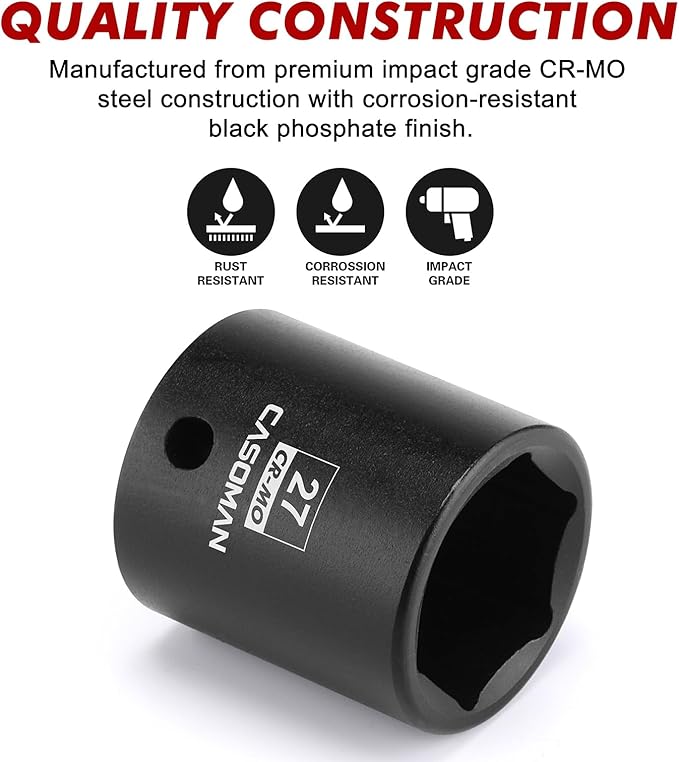 CASOMAN 1/2" Drive x 27mm Impact Socket, 6-Point, Metric, CR-MO Steel