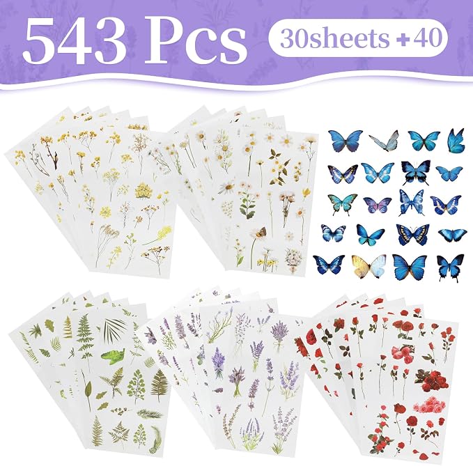 543PCS，70 Sheets Natural Flower Stickers - Image 2