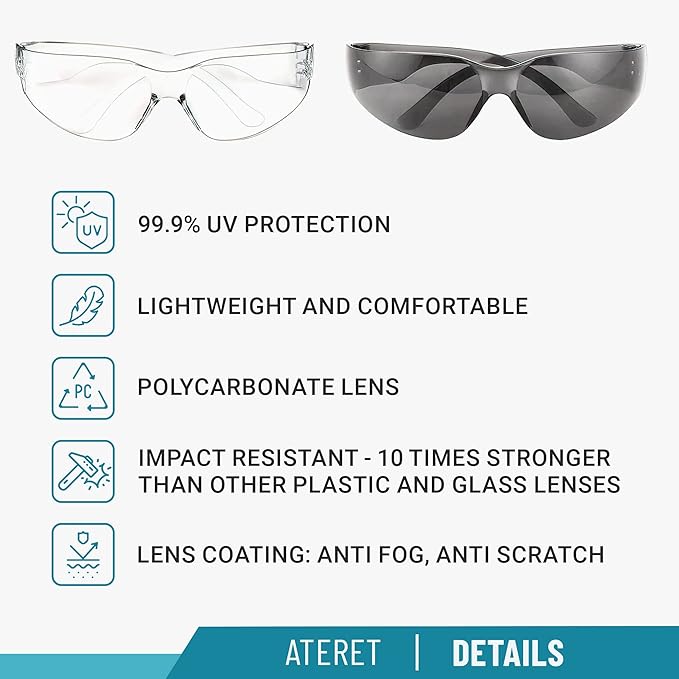 ATERET Protective Polycarbonate Safety Glasses w/TPR Coated Temples For Safety Protection