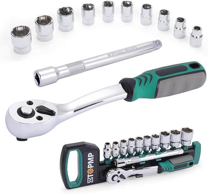 3/8 Inch Drive Ratchet, 72-Tooth Reversible, Quick Release Ratchet Wrench, w/ 10pcs Metric Sockets (8mm-21mm) and Extension Bar, CR-V Steel