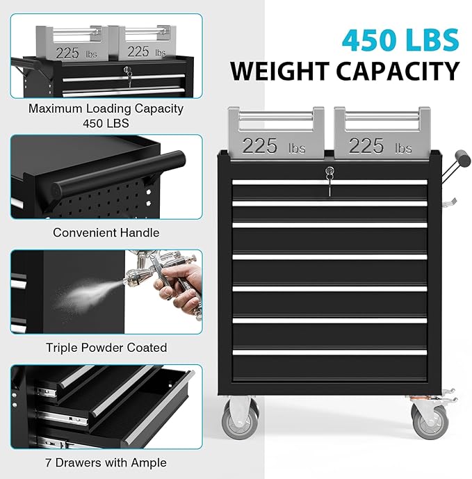 7 Drawers Metal Rolling Tool Chest, Portable Storage Rolling Tool Box, Toolbox on Wheels for Warehouse, Garage, Repair Shop and Tool Room (Black, 7-Drawer)